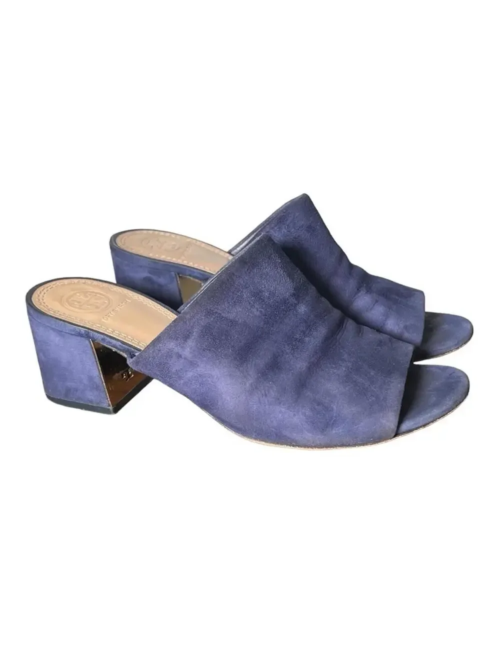 Tory Burch Salinas Navy Blue Suede Block Heel Mules 6.5